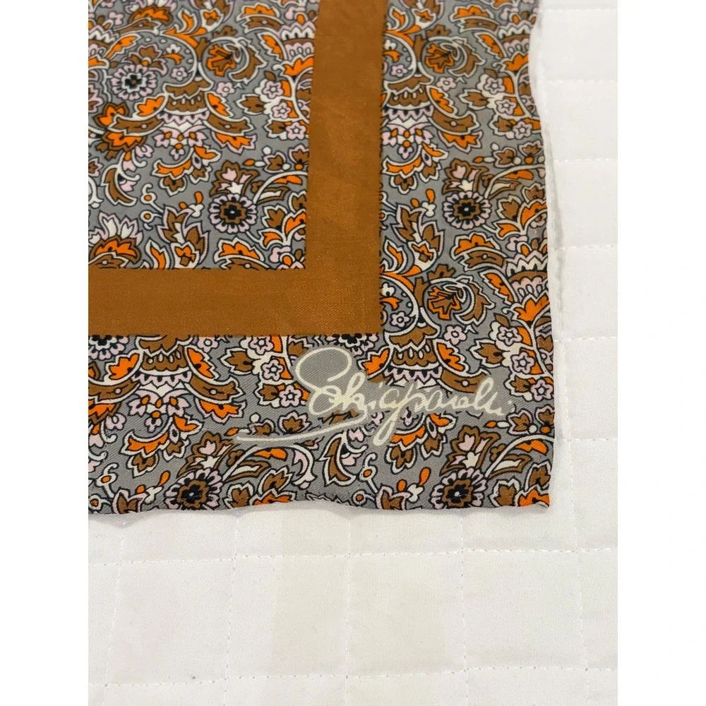 Schiaparelli Vintage Silk Scarf Floral Paisley Orange Brown Grey Square Scarf